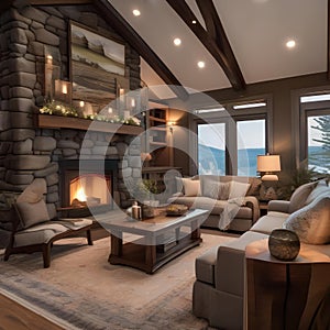 A cozy cottage living room with a stone fireplace and overstuffed sofas5