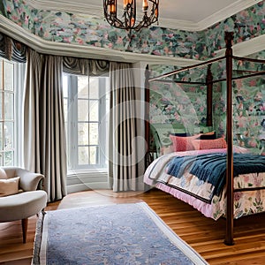 A cozy, cottage-style bedroom with floral wallpaper, a four-poster bed, and a bay window reading nook4, Generative AI