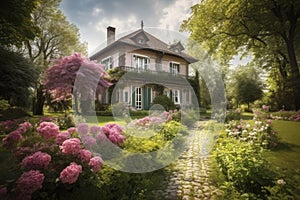 A cozy country big house with a green garden and large pink flowers. Generative ai