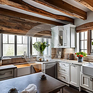 A cozy, country cottage kitchen with a farmhouse sink, exposed wood beams, and open shelving1, Generative AI