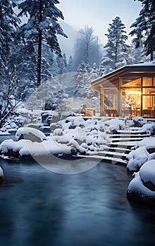 Cozy country house by the lake, winter holidays and privacy in nature concept