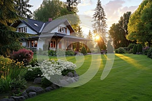 Cozy country house, neatly manicured lawn in the rays of the setting sun