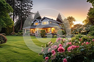 Cozy country house, neatly manicured lawn in the rays of the setting sun