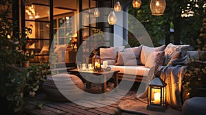 cozy country house with terrace in garden ,evening blurred lantern candle light, soft sofa ,cozy atmosfear on evening