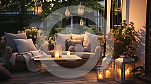 cozy country house with terrace in garden ,evening blurred lantern candle light, soft sofa ,cozy atmosfear on evening