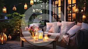 cozy country house with terrace in garden ,evening blurred lantern candle light, soft sofa ,cozy atmosfear on evening