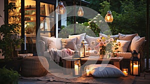 cozy country house with terrace in garden ,evening blurred lantern candle light, soft sofa ,cozy atmosfear on evening