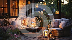 cozy country house with terrace in garden ,evening blurred lantern candle light, soft sofa ,cozy atmosfear on evening