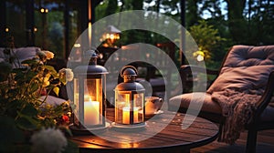 cozy country house with terrace in garden ,evening blurred lantern candle light, soft sofa ,cozy atmosfear on evening