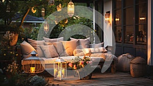 cozy country house with terrace in garden ,evening blurred lantern candle light, soft sofa ,cozy atmosfear on evening