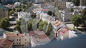 Cozy courtyards of Rakovsky suburb - historical building in Minsk, aerial view.