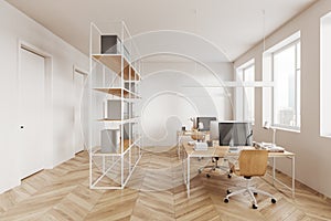 Cozy coworking room interior with pc computer and documents, panoramic window