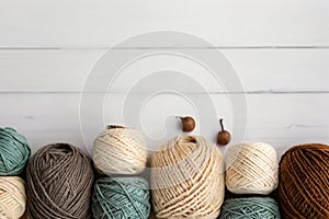 Cozy Crafting: Knitting Supplies Collection on Wooden Surface.