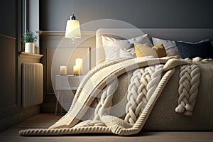 Cozy cream colored woolen blanket on king size bed in bright bedroom