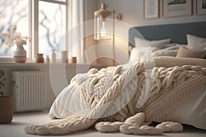 Cozy cream colored woolen blanket on king size bed in bright bedroom