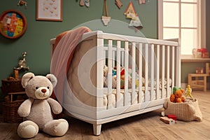 A cozy crib nestled in a bright nursery, featuring toys, a plush carpet, and a rustic basket