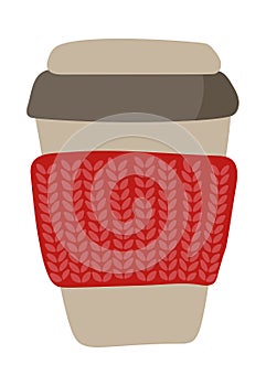 Cozy cup for coffee with hand made knitted cover flat vector illustration. Autumn element for Thanksgiving Day greeting