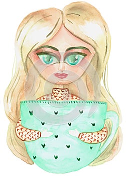 Cozy cup, hygge green cup, cute girl with green cup, template for postcard, stay home in cozy winter evening