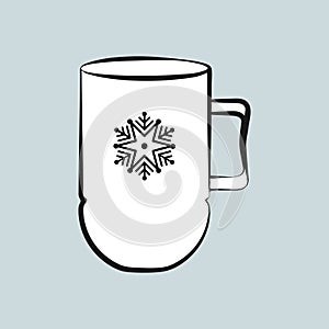 Cozy cup of tea or coffee icon with a snowflake. Flat sketch graphic style illustration for web design projects.