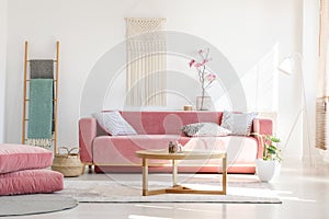 Cozy cushions and stylish textiles in a sunny, feminine living r