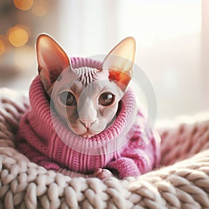 A cozy and cute cute regal sphynx cat wearing a warm knit pink sweater, surrounded by natural light, generative AI