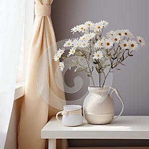 Cozy cute interior scene with flowers in a vase in soft beige colors.AI generation