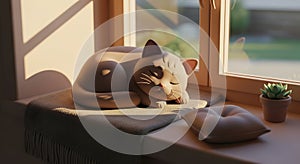 Cozy 3D Cat Sleeping on a Sunny Windowsill