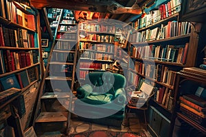 A cozy, dark and colorful bookshop with lots of books on shelves and ladders to reach the top shelf. Ai generated