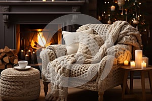 Cozy dark rustic living room with big comfy armchair, knitted blanket and a fireplace, decorated for Christmas