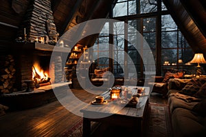 Cozy dark rustic living room with big floor to ceiling windows and a fireplace, decorated for Christmas