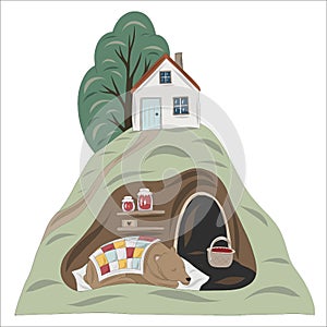 Cozy den on the ziu. Bear hibernation in a den with supplies under the tree house.