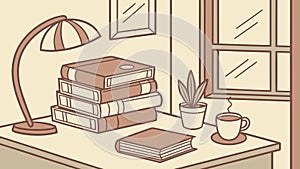 Cozy Desk Setup with Lamp and Stack of Books, vector design Generative AI