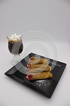 Cozy Dessert Scene with Crepes and Hot Chocolate