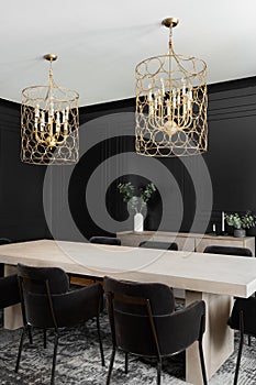 A black dining room with wainscoting walls and gold chandelier. photo