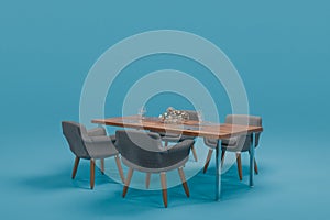 cozy dining room table with decoration and design chairs on wooden podest, isolated on infinite background 3D rednering