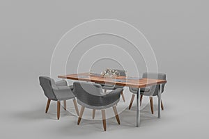 cozy dining room table with decoration and design chairs on wooden podest, isolated on infinite background 3D rednering