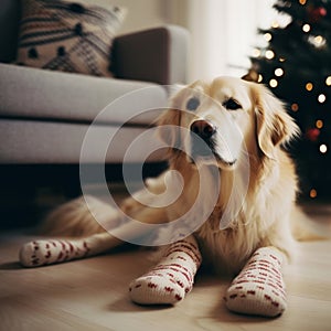 Cozy dog with socks. Illustration AI Generative