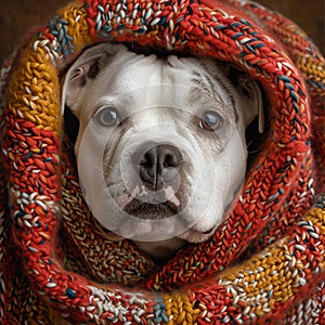 Cozy dog wrapped in vibrant, knitted scarf looking at camera. comfy and warm, perfect for winter days. AI