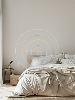 a cozy double bed set against a light neutral bedroom wall with natural light