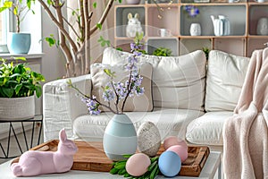 Cozy Easter Living Room Interior with Table, Easter Eggs, Easter Bunny, Spring Flowers, Still Life