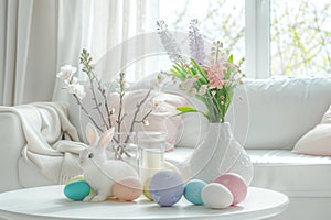 Cozy Easter Living Room Interior with Table, Easter Eggs, Easter Bunny, Spring Flowers, Still Life