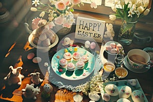 Cozy Easter Morning Table Setup with Warm Sunlight, Homemade Cakes, and Spring Decorations