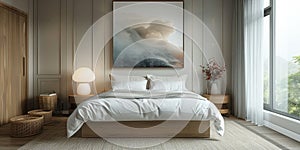 Cozy and elegant bedroom with big bed, nice bedclothes, wooden bedside tables and with warm light