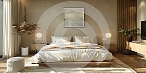 Cozy and elegant bedroom with big bed, nice bedclothes, wooden bedside tables and with warm light