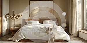 Cozy and elegant bedroom with big bed, nice bedclothes, wooden bedside tables and with warm light