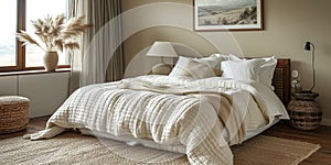 Cozy and elegant bedroom with big bed, nice bedclothes, wooden bedside tables and with warm light