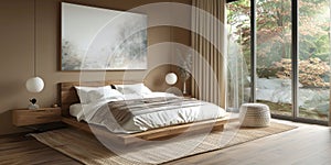 Cozy and elegant bedroom with big bed, nice bedclothes, wooden bedside tables and with warm light