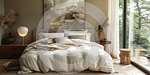 Cozy and elegant bedroom with big bed, nice bedclothes, wooden bedside tables and with warm light