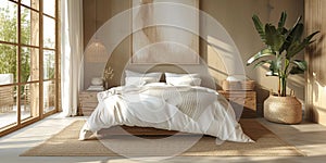 Cozy and elegant bedroom with big bed, nice bedclothes, wooden bedside tables and with warm light