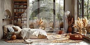 Cozy and elegant bedroom with big bed, nice bedclothes, wooden bedside tables and with warm light